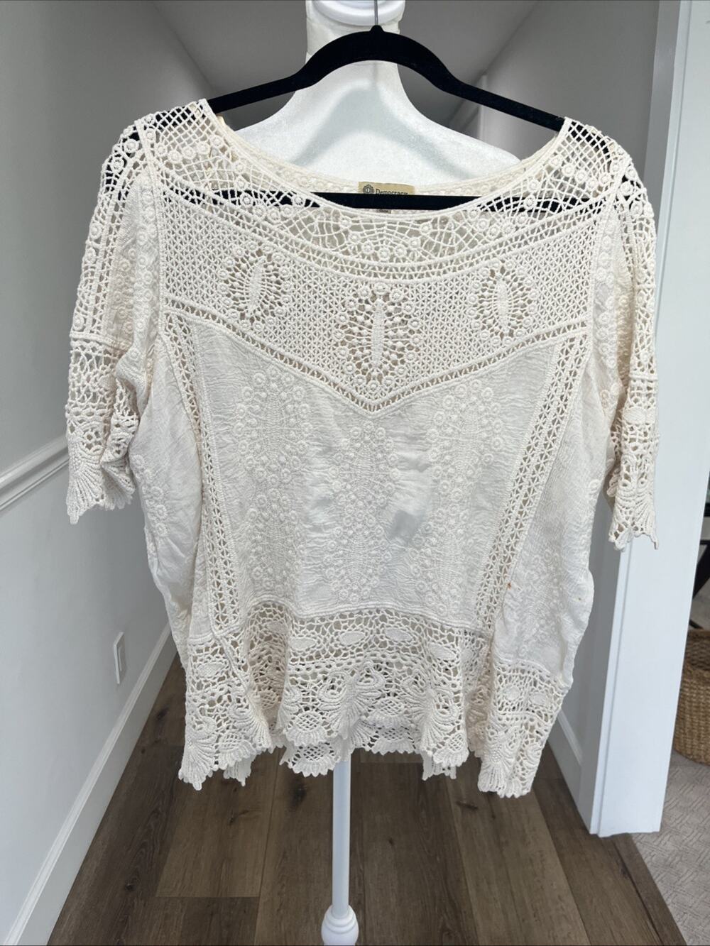 Democracy Crochet 100% Cotton Tunic Top 3/4 Sleeves-Sz XL Beige Boho Round Neck